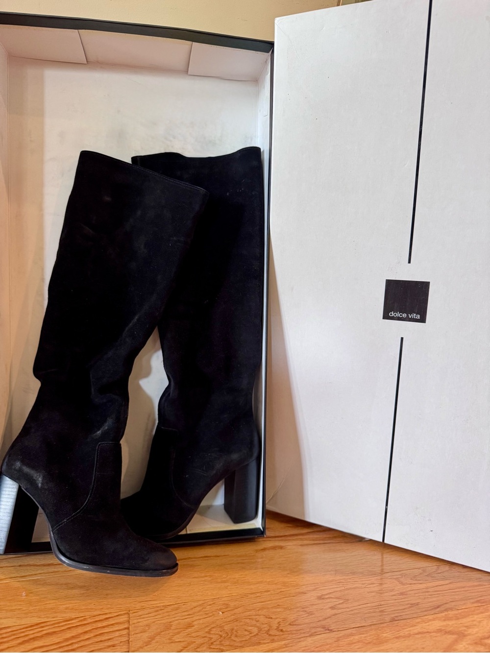 Dolce Vita Suede Black Suede Knee High Block Heel Boots